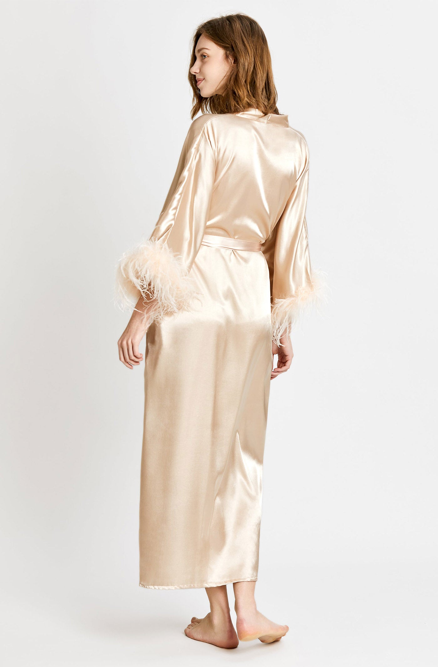 Golden Champagne – Feather-Trim Satin Robe for Women