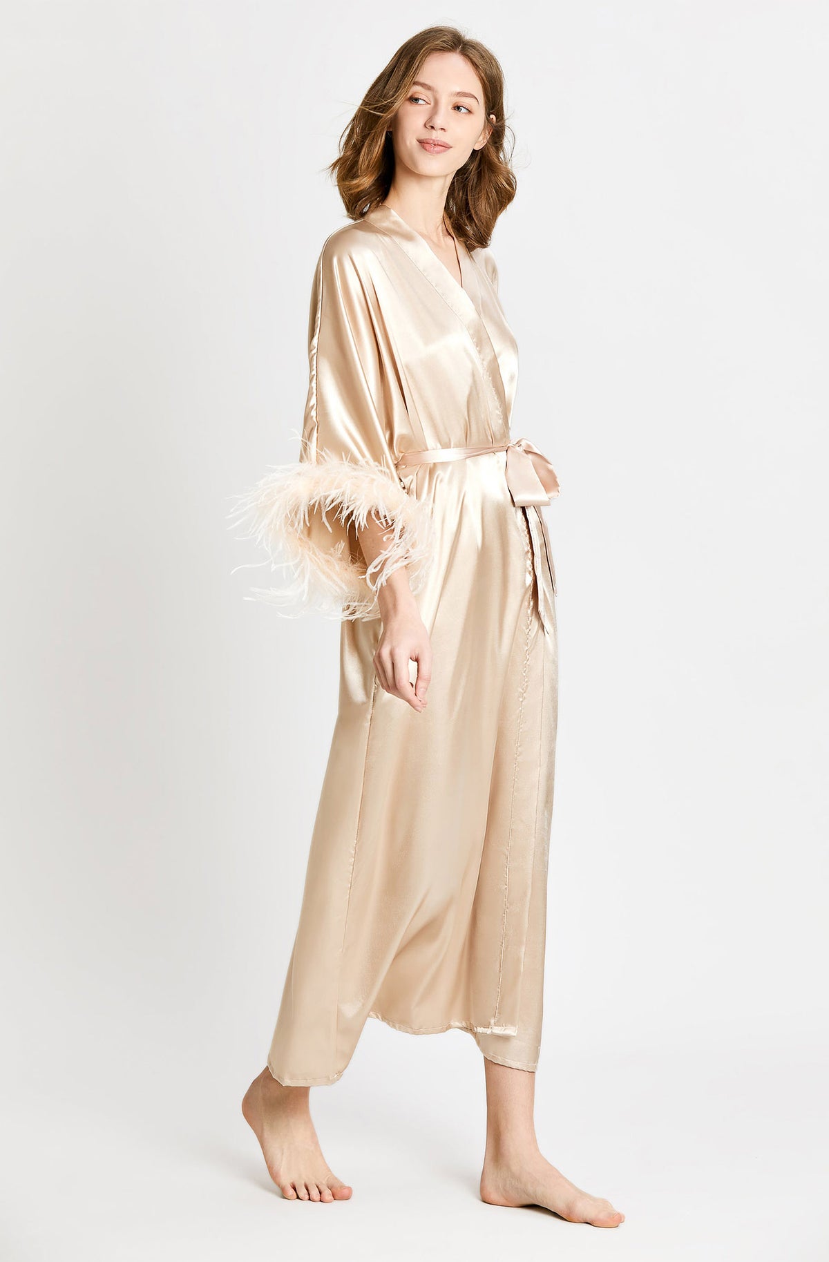 Golden Champagne – Feather-Trim Satin Robe for Women