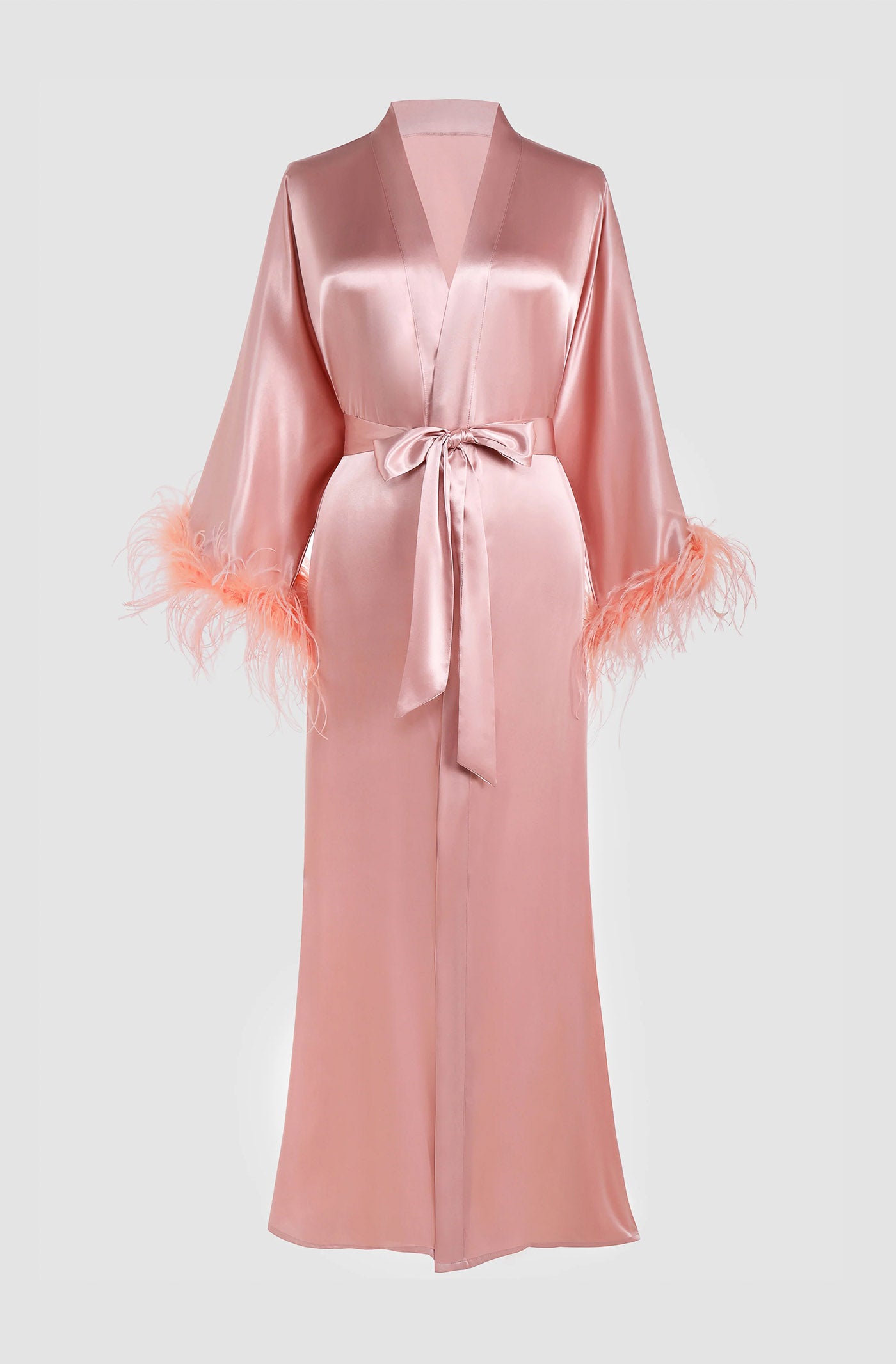 Bridal Blush – Feather-Trim Satin Robe for Women