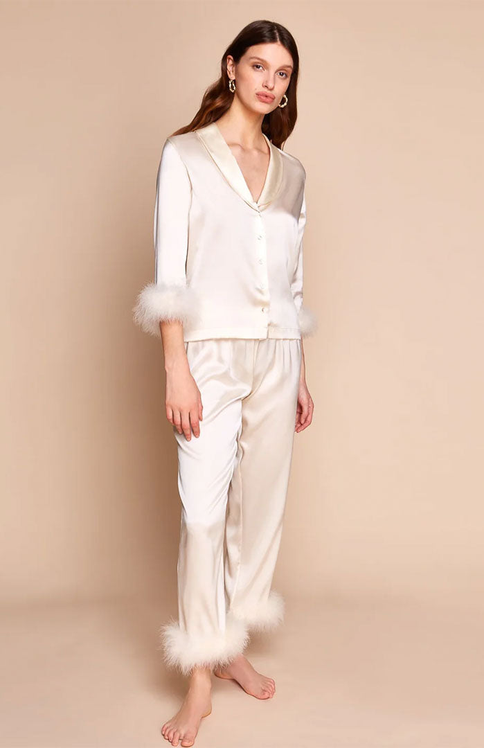 Ivory Allure – Satin Feather Trim Nightwear Set