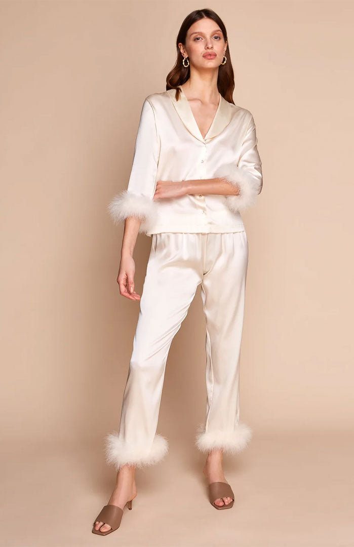Ivory Allure – Satin Feather Trim Nightwear Set