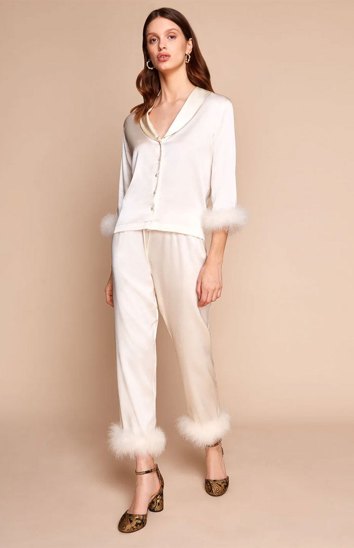 Ivory Allure – Satin Feather Trim Nightwear Set