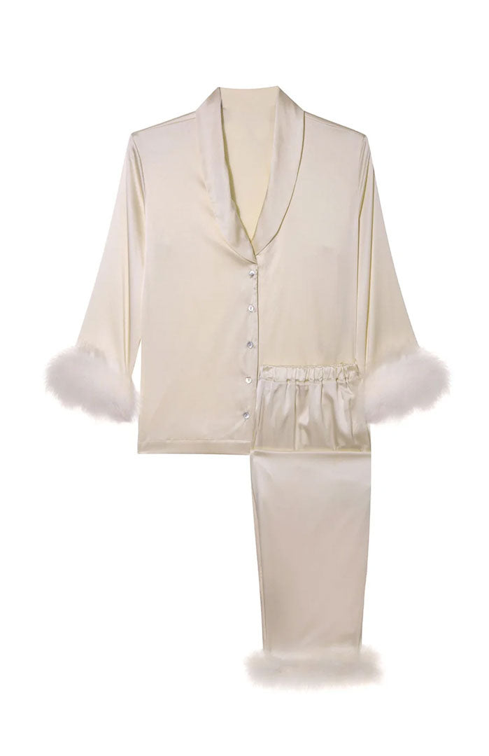 Ivory Allure – Satin Feather Trim Nightwear Set