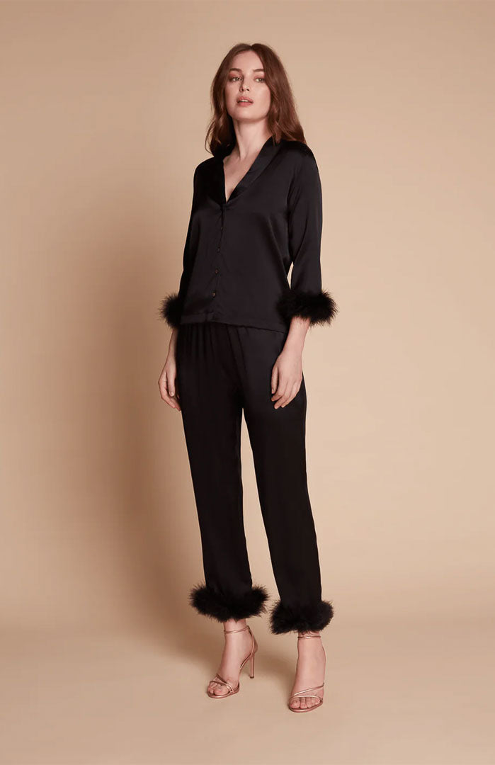 Black Obsession – Satin Feather Trim Nightwear Set
