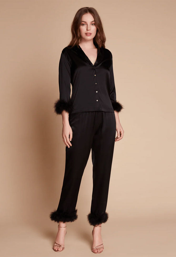 Black Obsession – Satin Feather Trim Nightwear Set