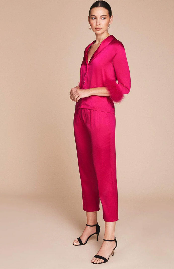 Pink Flame – Satin Feather-Trim Loungewear Co-ord Set for Women