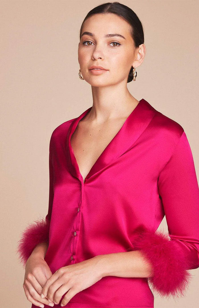 Pink Flame – Satin Feather-Trim Loungewear Co-ord Set for Women