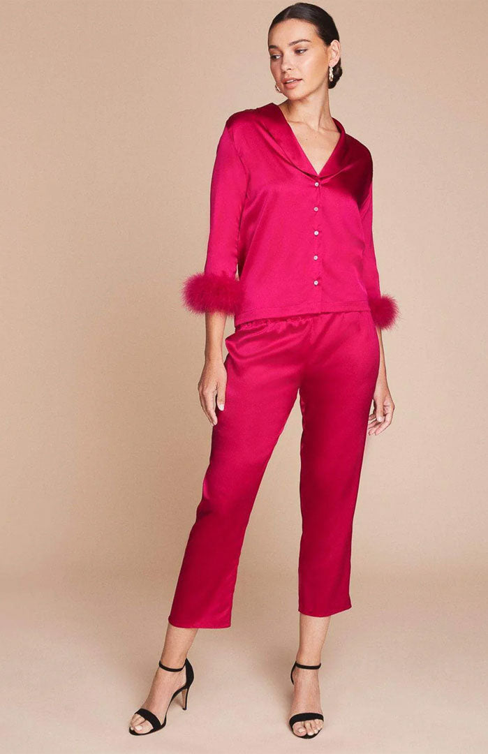Pink Flame – Satin Feather-Trim Loungewear Co-ord Set for Women