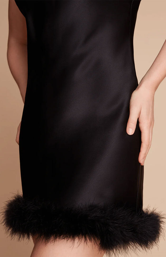 Black Temptress – Satin Slip Dress with Feather for Women