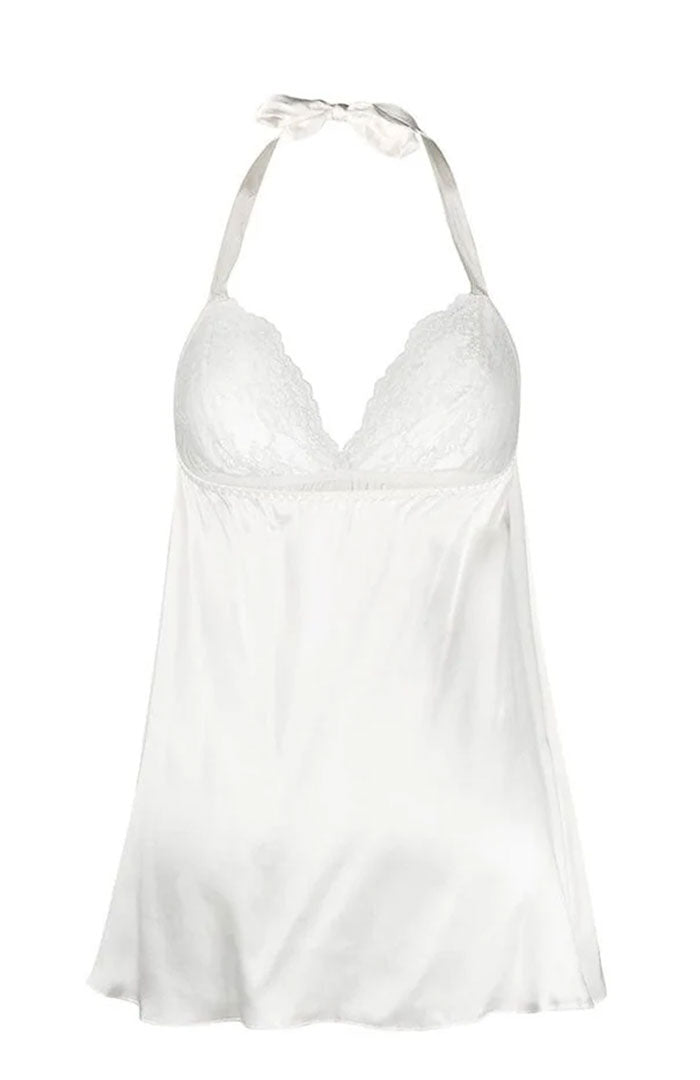 Eternal Vow – White Lace Halter Satin Babydoll Dress for Women