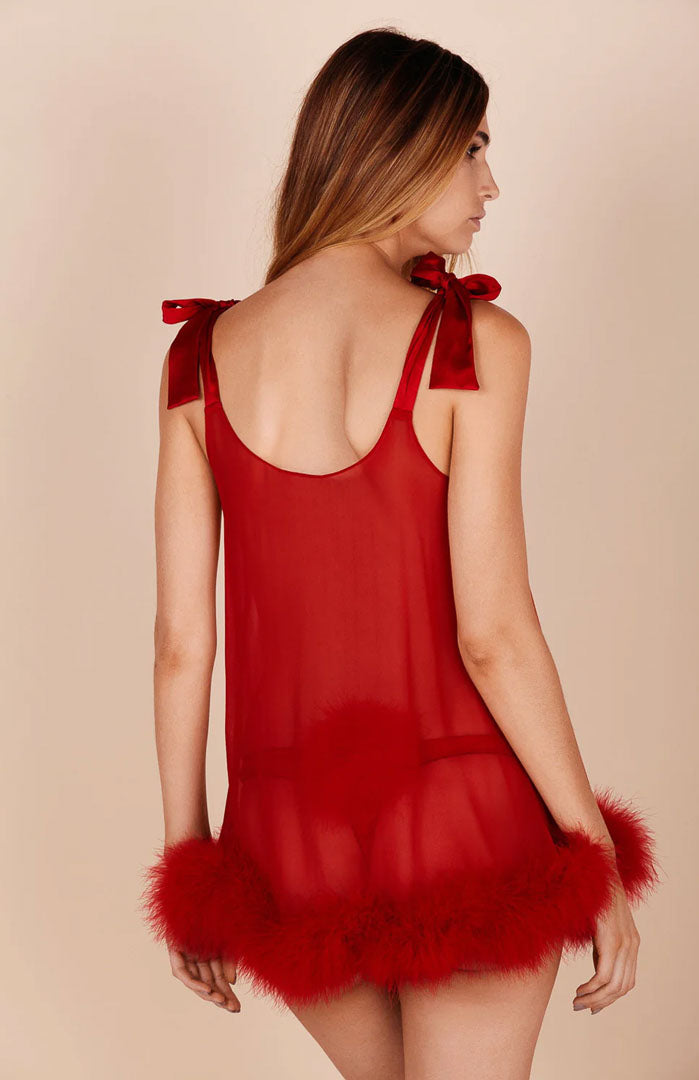 Scarlet Affair – Feather-Trim Satin Babydoll Dress