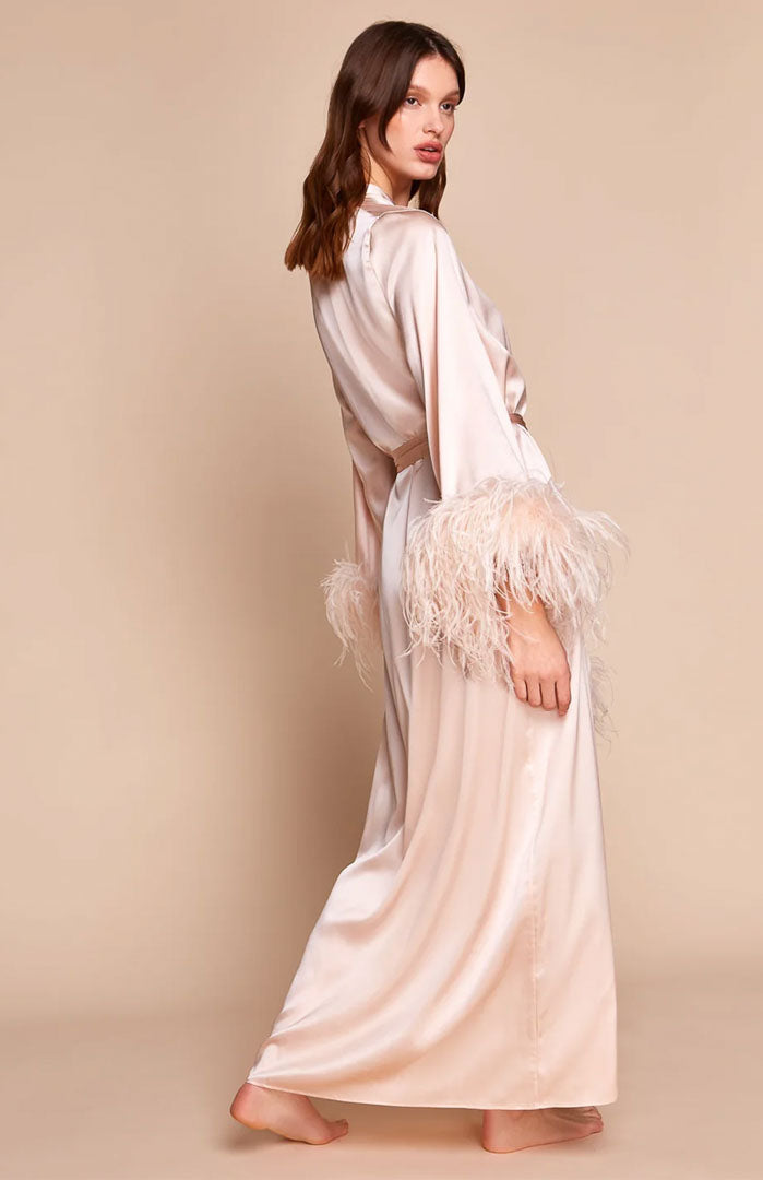 Private Hour – Feather-Trim Satin Long Robe for Women