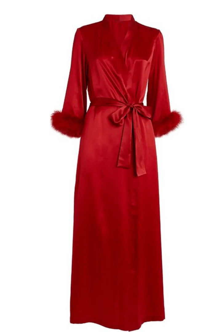 Scarlet Seduction – Feather-Trim Long Satin Robe for Women