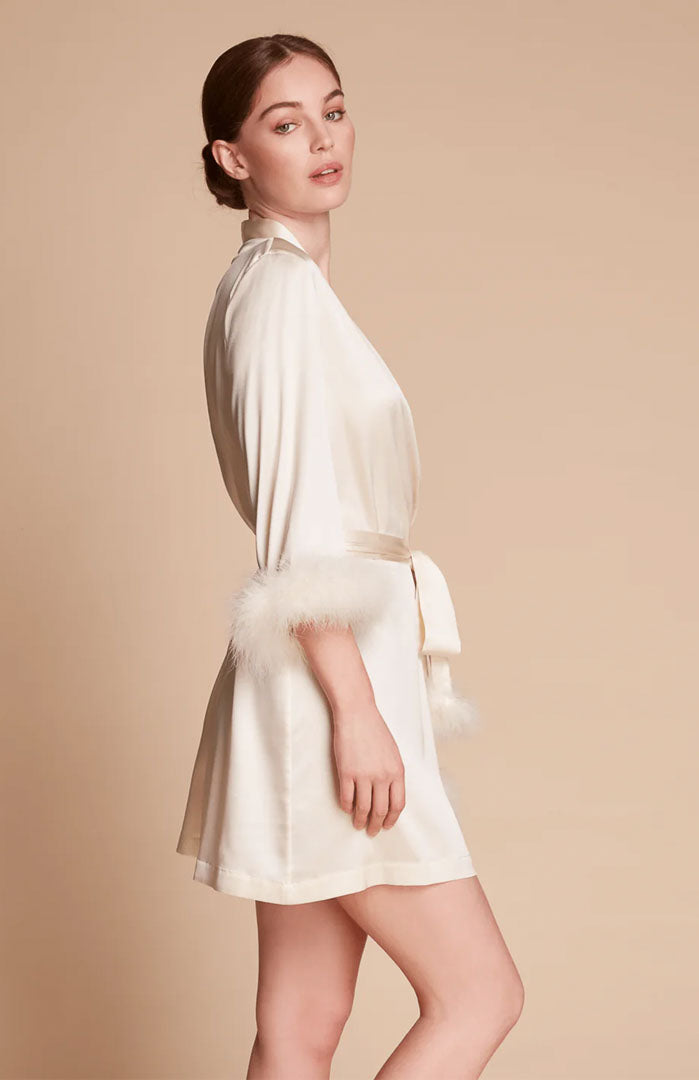 Ivory Allure – Feather-Trim Satin Robe for Women
