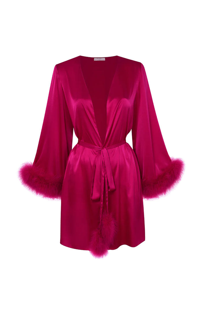 Crimson Desire | Feather-Trim Satin Robe for Women