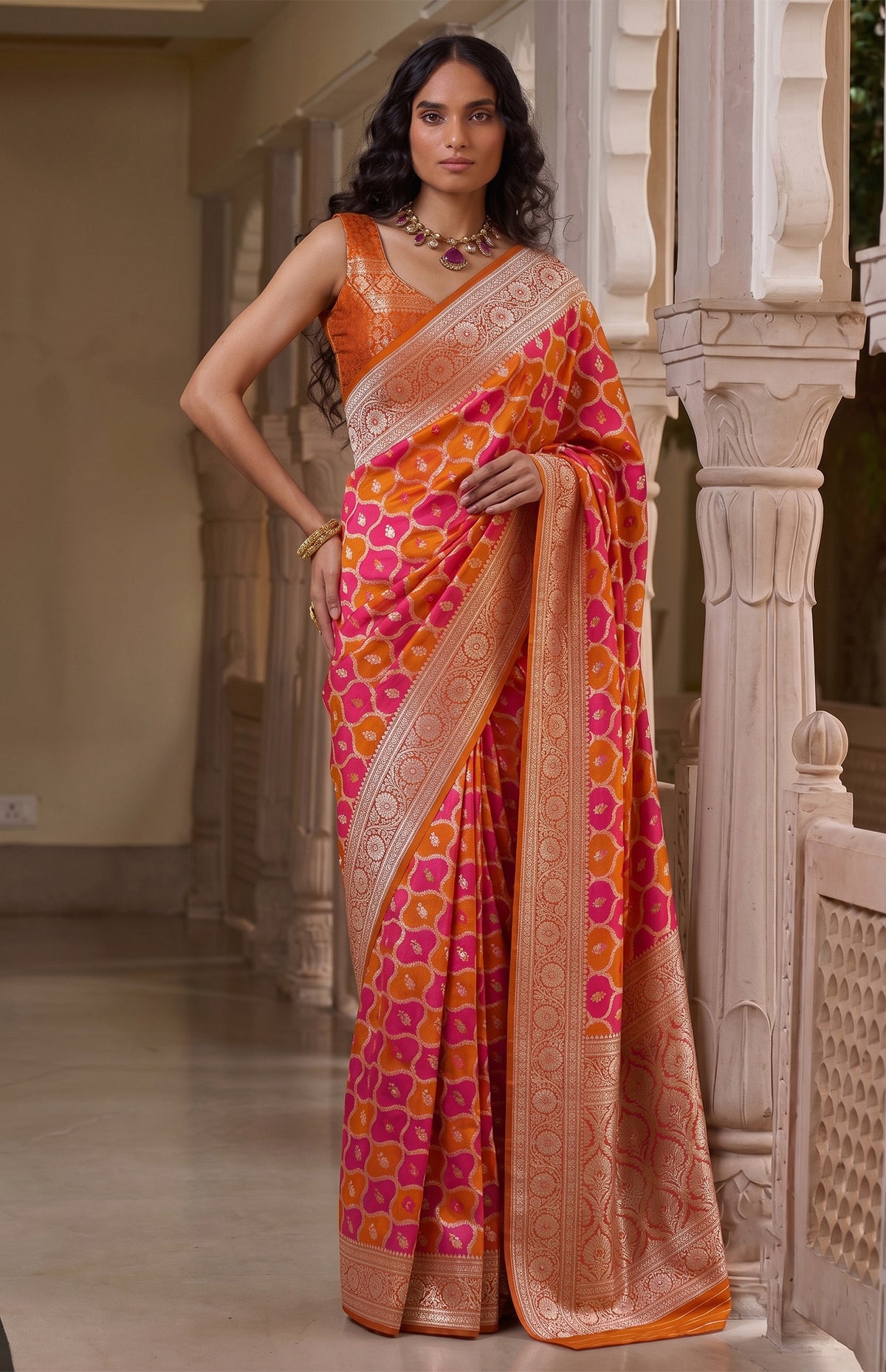 Rani Gulmohar | Orange & Rani Pink Handwoven Mashru Katan Banarasi Saree