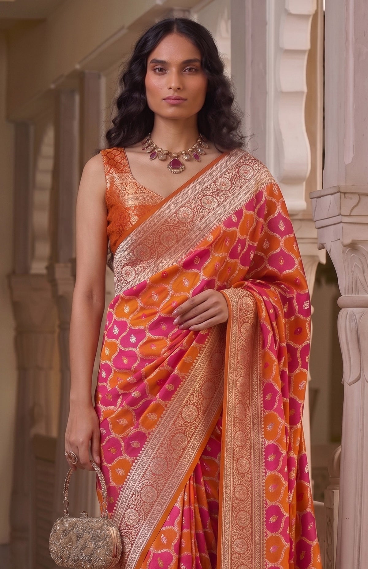 Rani Gulmohar | Orange & Rani Pink Handwoven Mashru Katan Banarasi Saree
