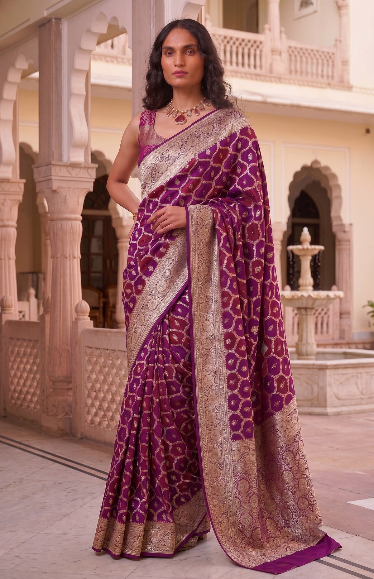 Rani Jamuni | Plum & Wine Handwoven Mashru Katan Banarasi Saree
