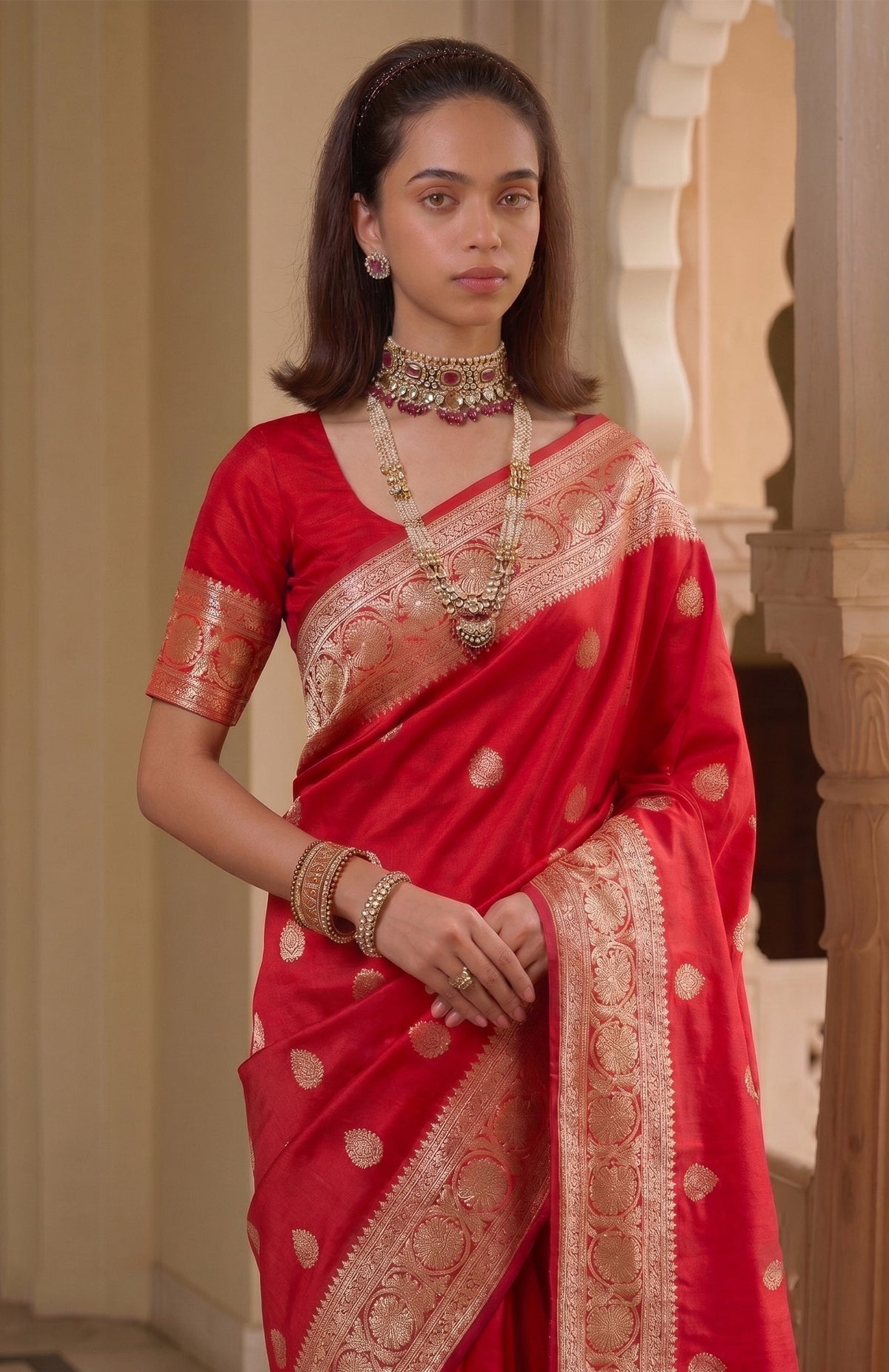 Sona Ishq | Red & Gold Handwoven Mashru Katan Banarasi Saree
