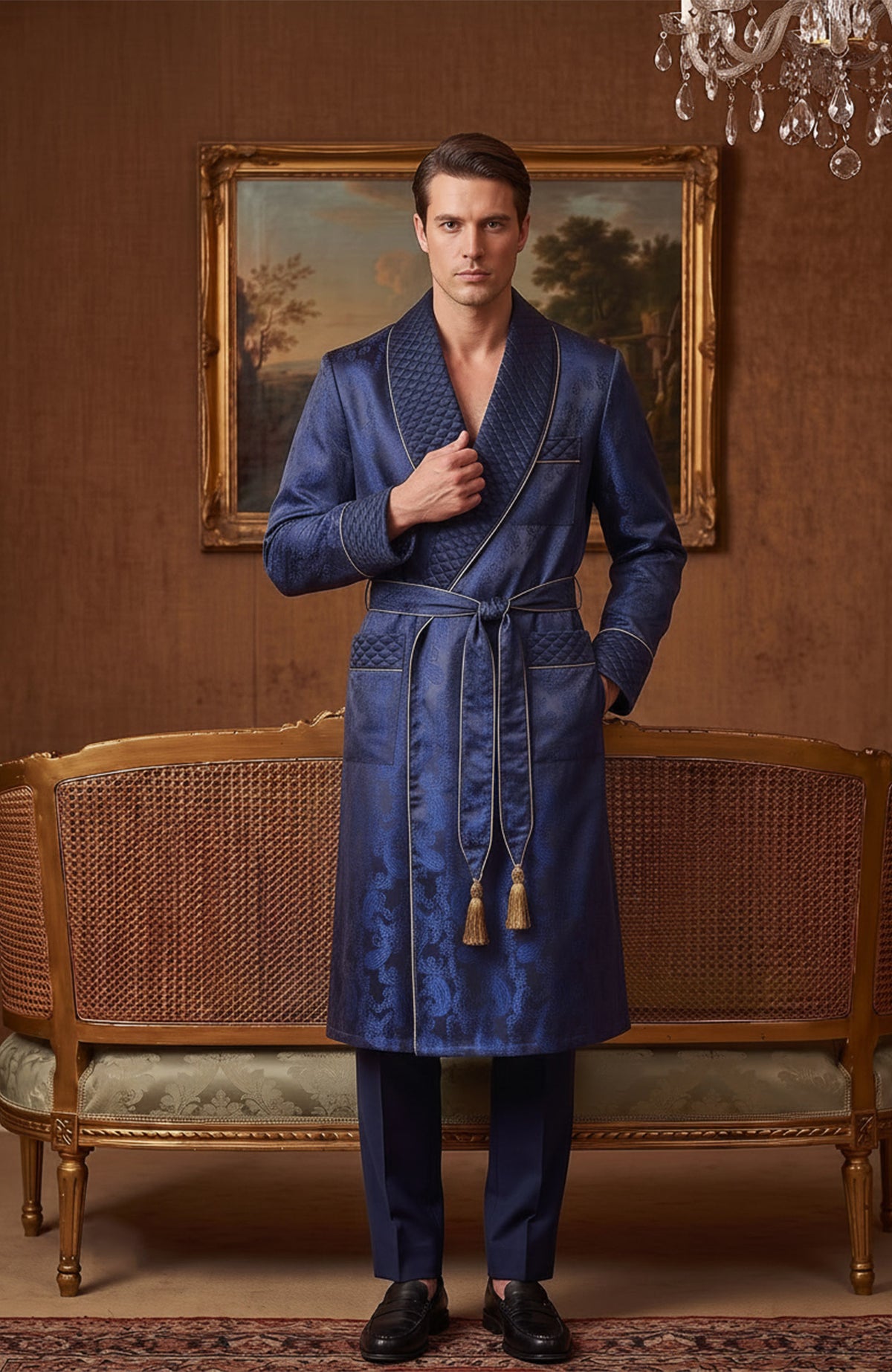 The Sapphire Sovereign | Blue Paisley Jacquard Quilted Robe for Men