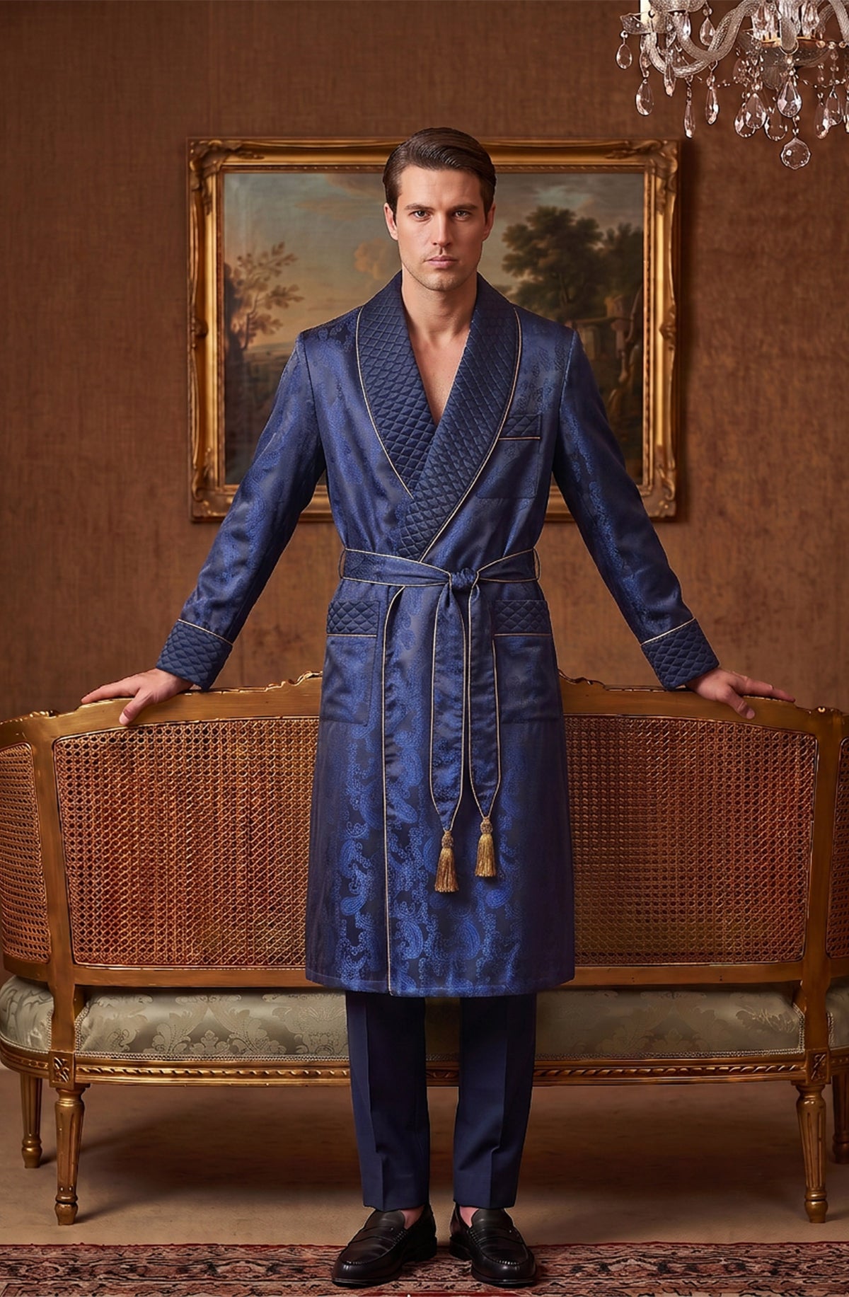 The Sapphire Sovereign | Blue Paisley Jacquard Quilted Robe for Men