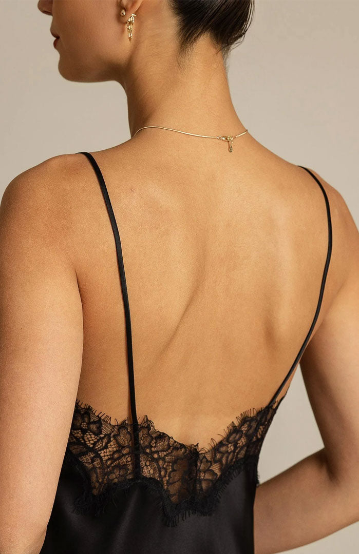 Velours Veil | Black High-Low Satin Lace Dress