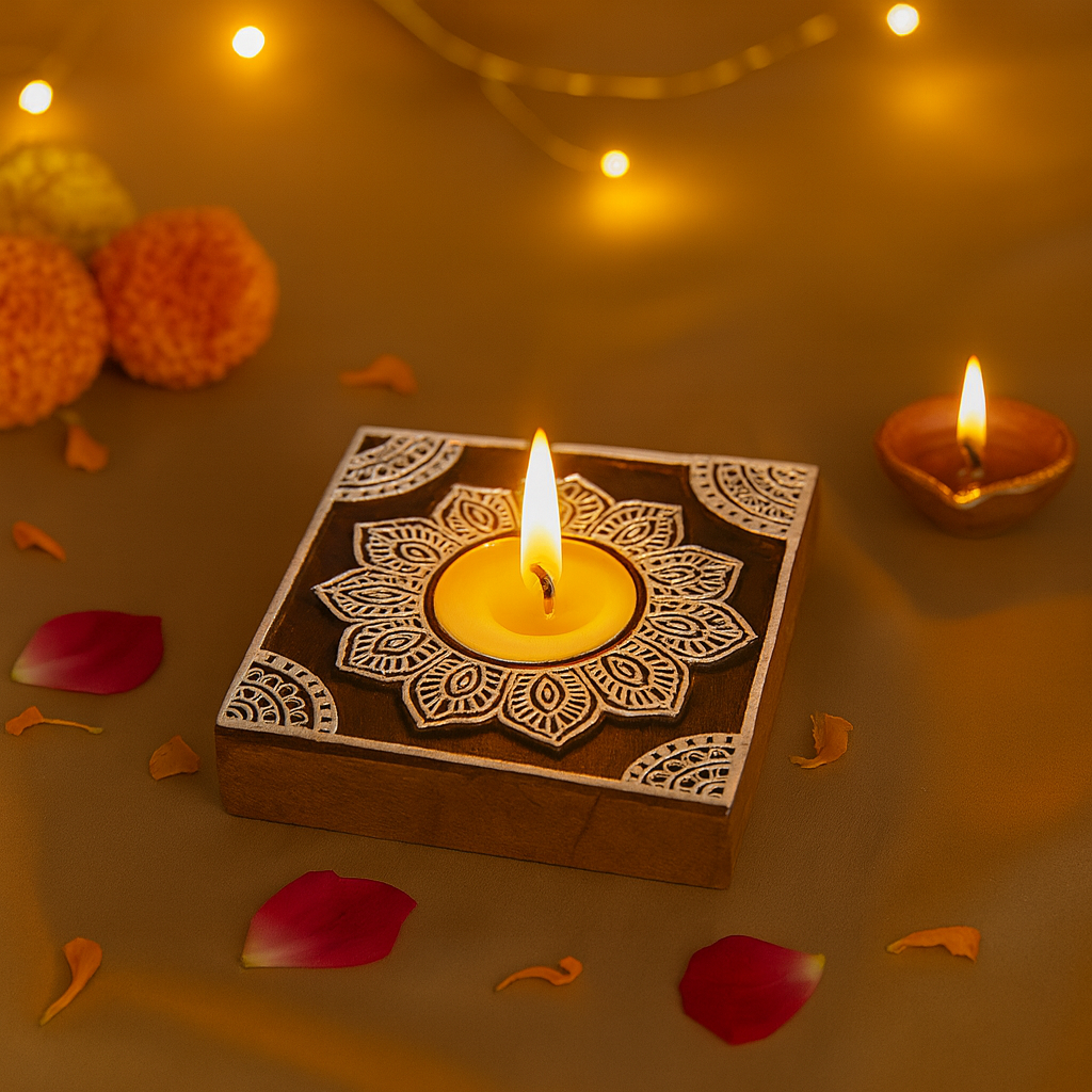 Decorative candle in a box with a floral design, surrounded by small candles and flowers on a warm-toned background.