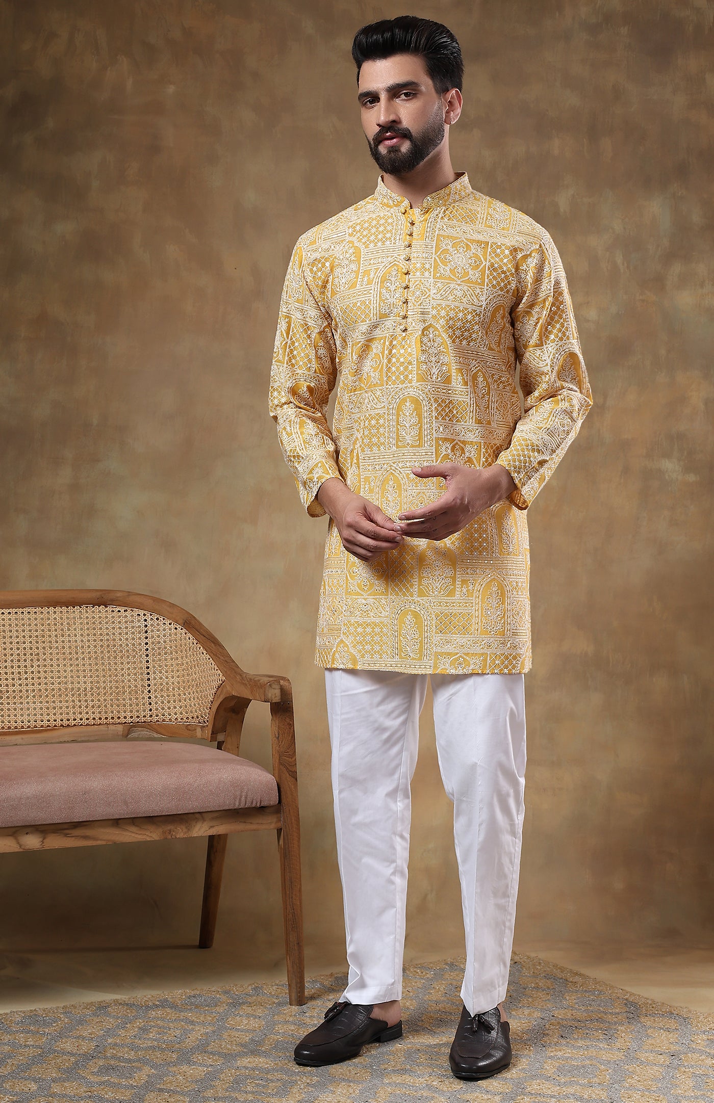 Men's saffron yellow Chanderi cotton kurta with intricate handwork, mandarin collar, customizable length, perfect Indian festive wear from Luxe उत्सव 🪔 Collection-mens-kurts-festive-wear-wedding