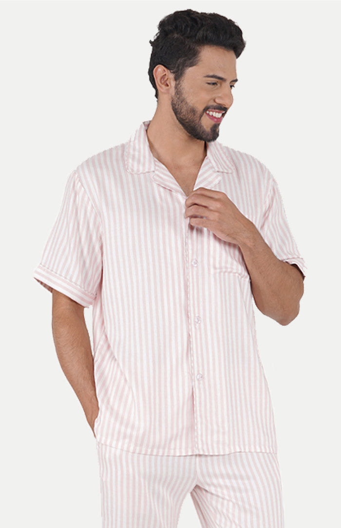 Mi Amour Pink Striped Lounge Wear Set for Men | Luxeliv