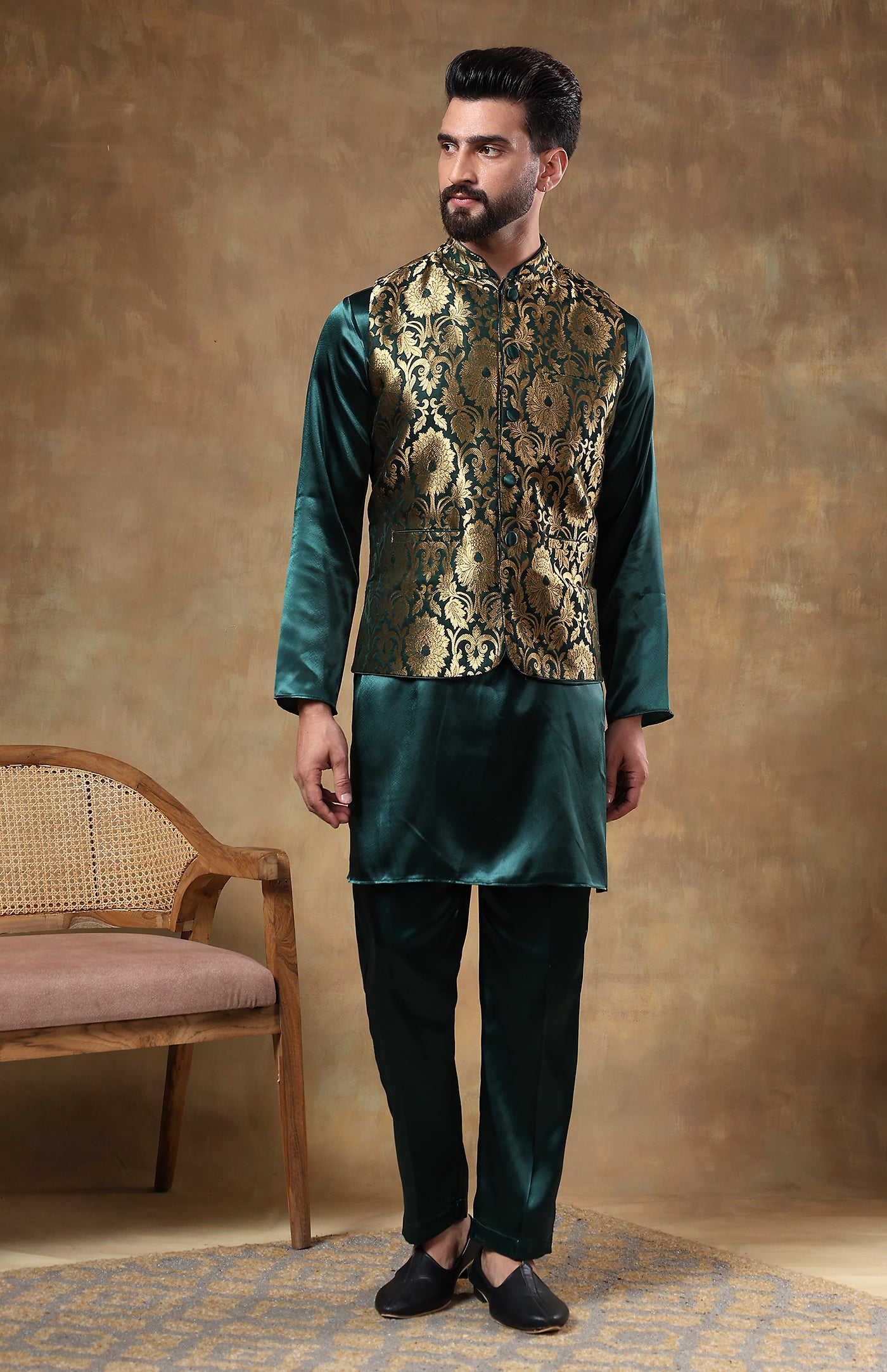 Nawabi Green | Silk Satin Kurta with Brocade Jacket