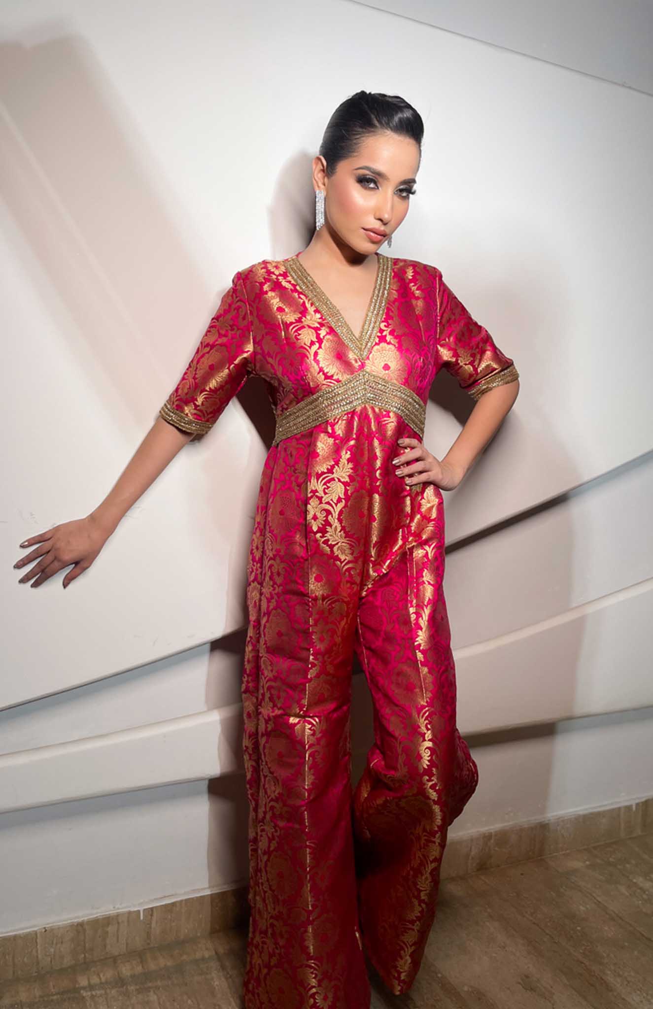 Gulabo Pink Modern Indian Brocade Jumpsuit S