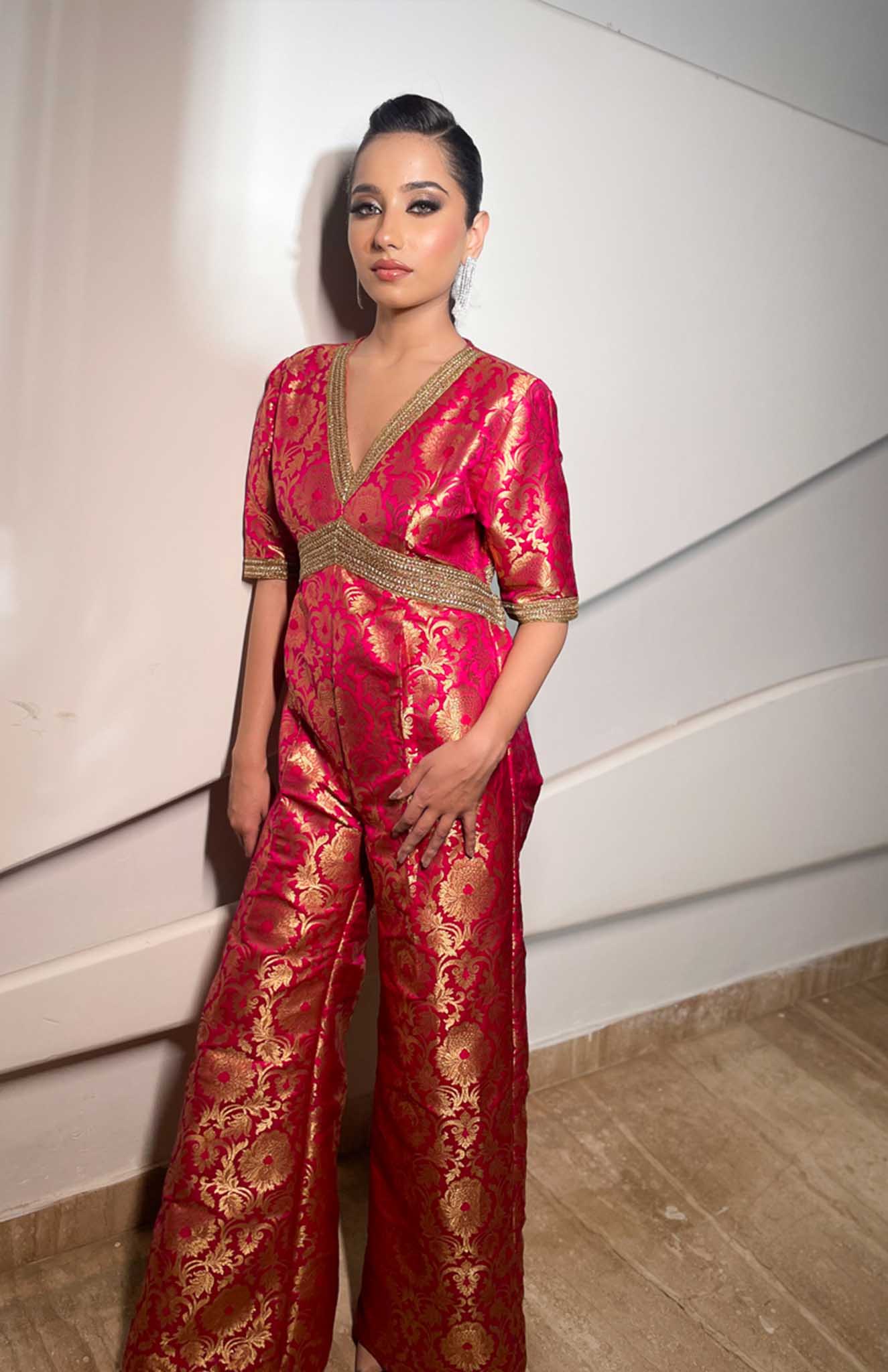 Gulabo | Pink Modern Indian Brocade Jumpsuit