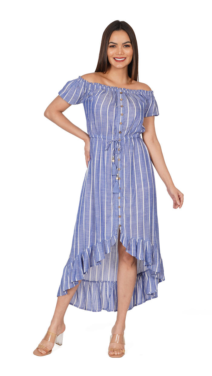 Blue and White Striped Printed Off Shoulder High Low Regular Fit Dress Blue and White Striped Printed Off Shoulder High Low Regular Fit Dress