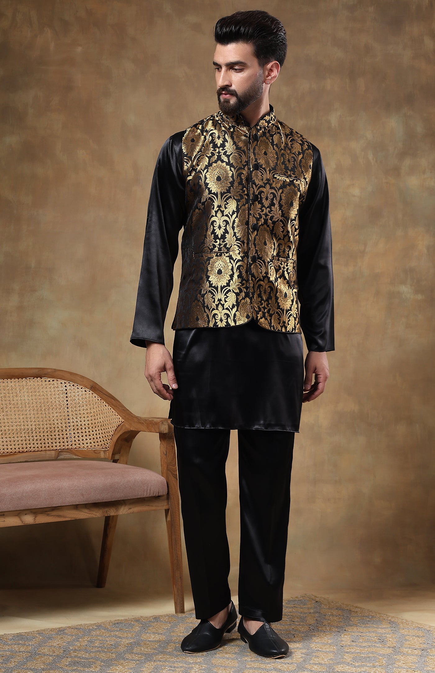 Rajput Noir | Silk Satin Kurta with Brocade Jacket