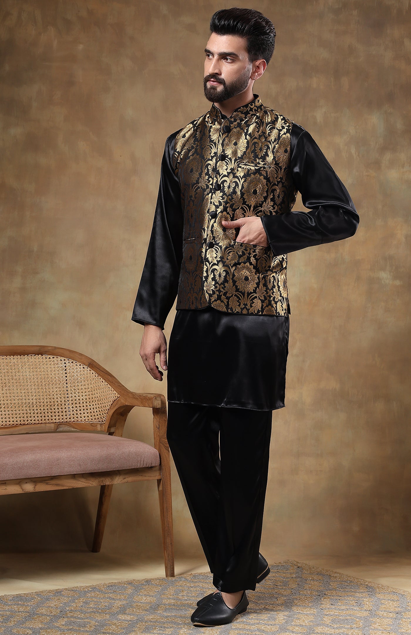 Rajput Noir | Silk Satin Kurta with Brocade Jacket
