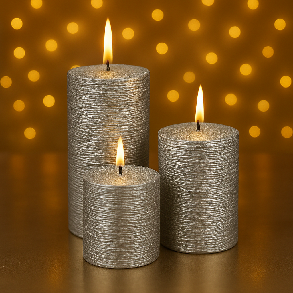 Three silver textured candles with flames against a warm, blurred light background
