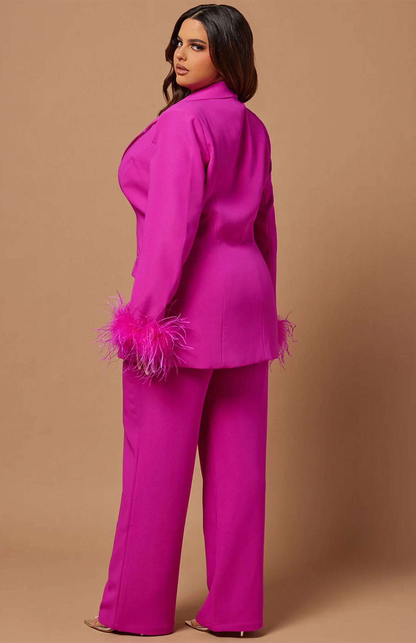 Flamingo Feathers Power Suit | Pink Feather Blazer Set | Luxeliv Women