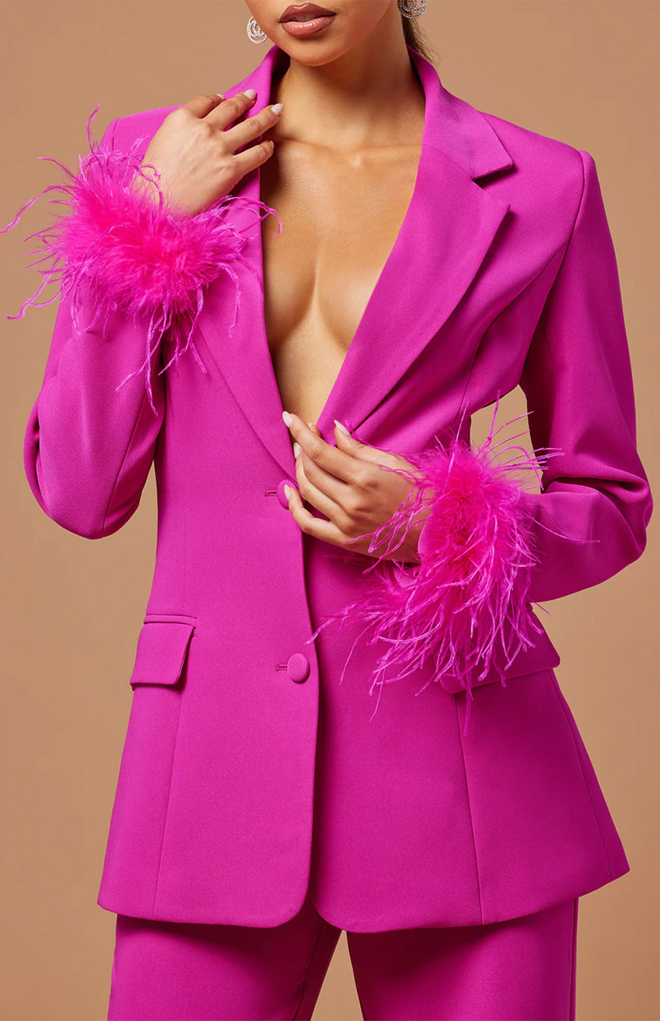 Flamingo Feathers Power Suit | Pink Feather Blazer Set | Luxeliv Women
