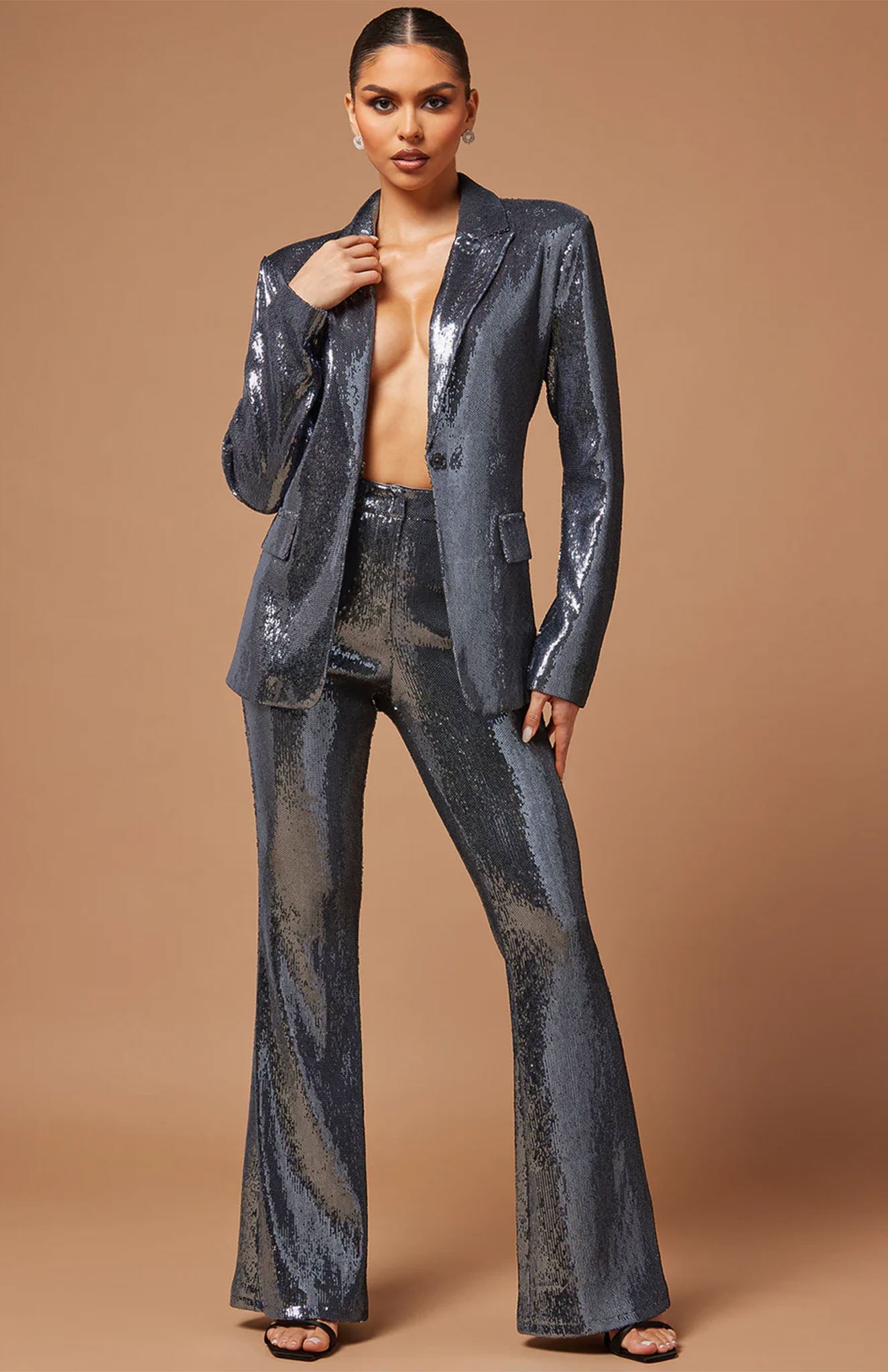 Gunmetal Glamour Power Suit | Grey sequence | Luxeliv Women | Blazer Set