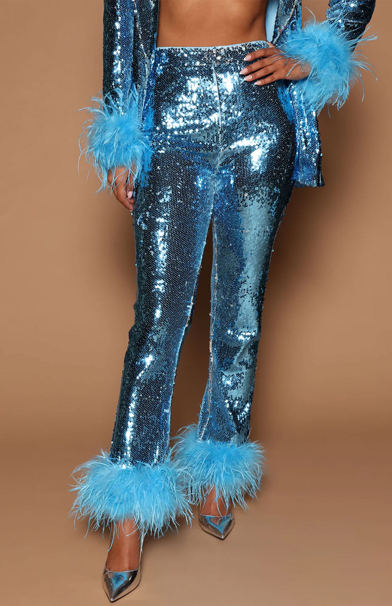 Turquoise Temptation Power Suit | Blue Feather Blazer Set | Luxeliv Women