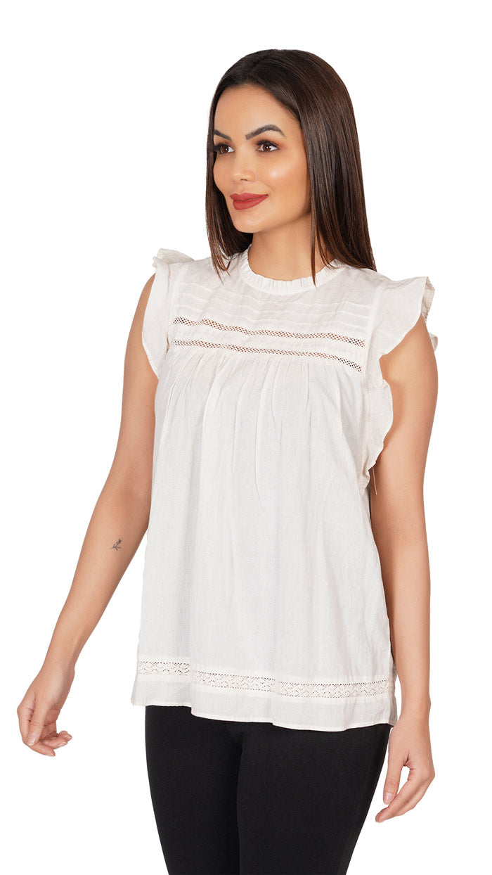White-Ruffles-Sleeve-Top-_-Round-collar-with-lace-_-embroidery-_-womens-summer-collection cotton