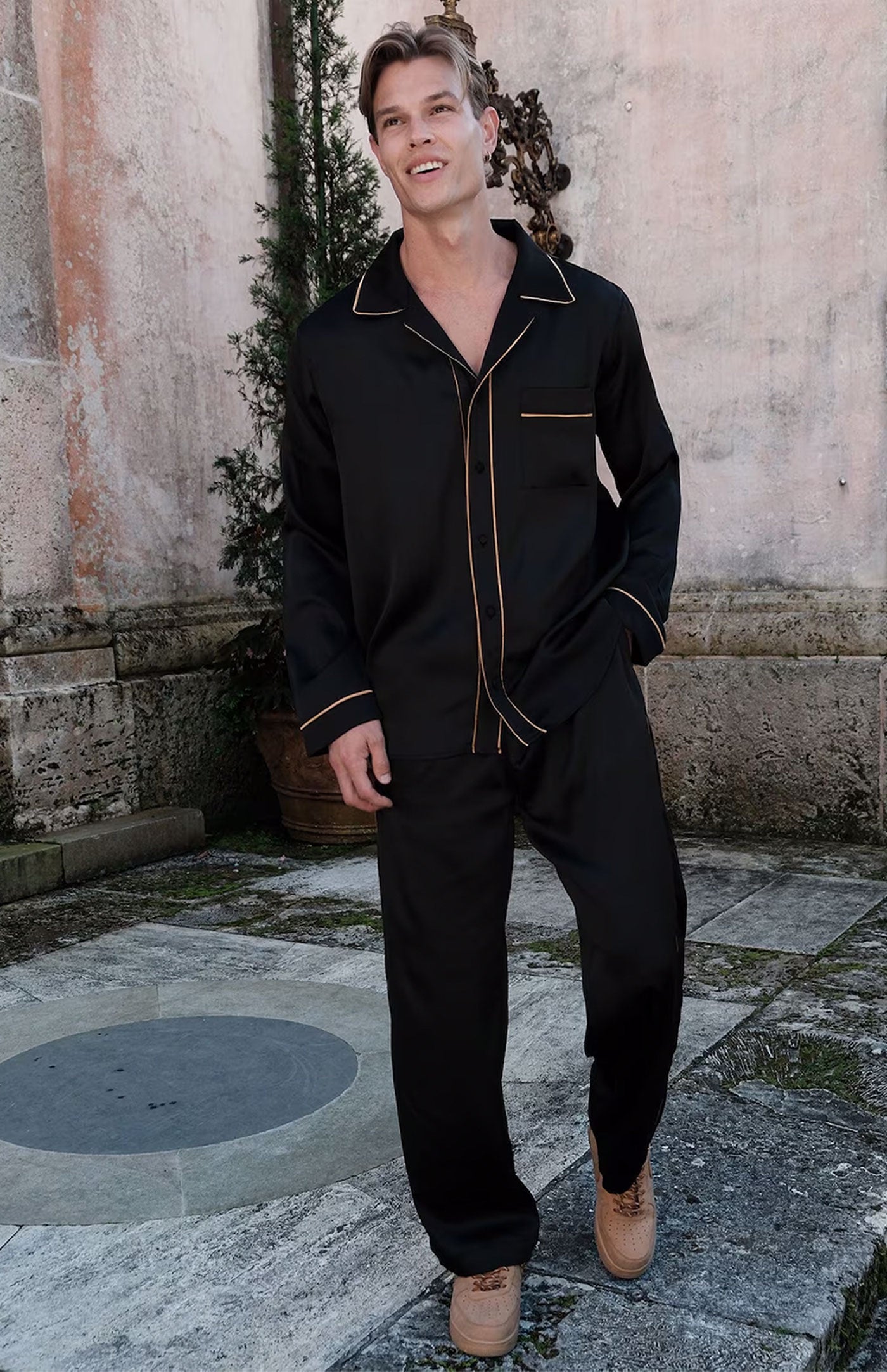 Silk Charm | Black with Orange Detailing | Satin Loungewear Set | Sleepwear | Pure Luxury