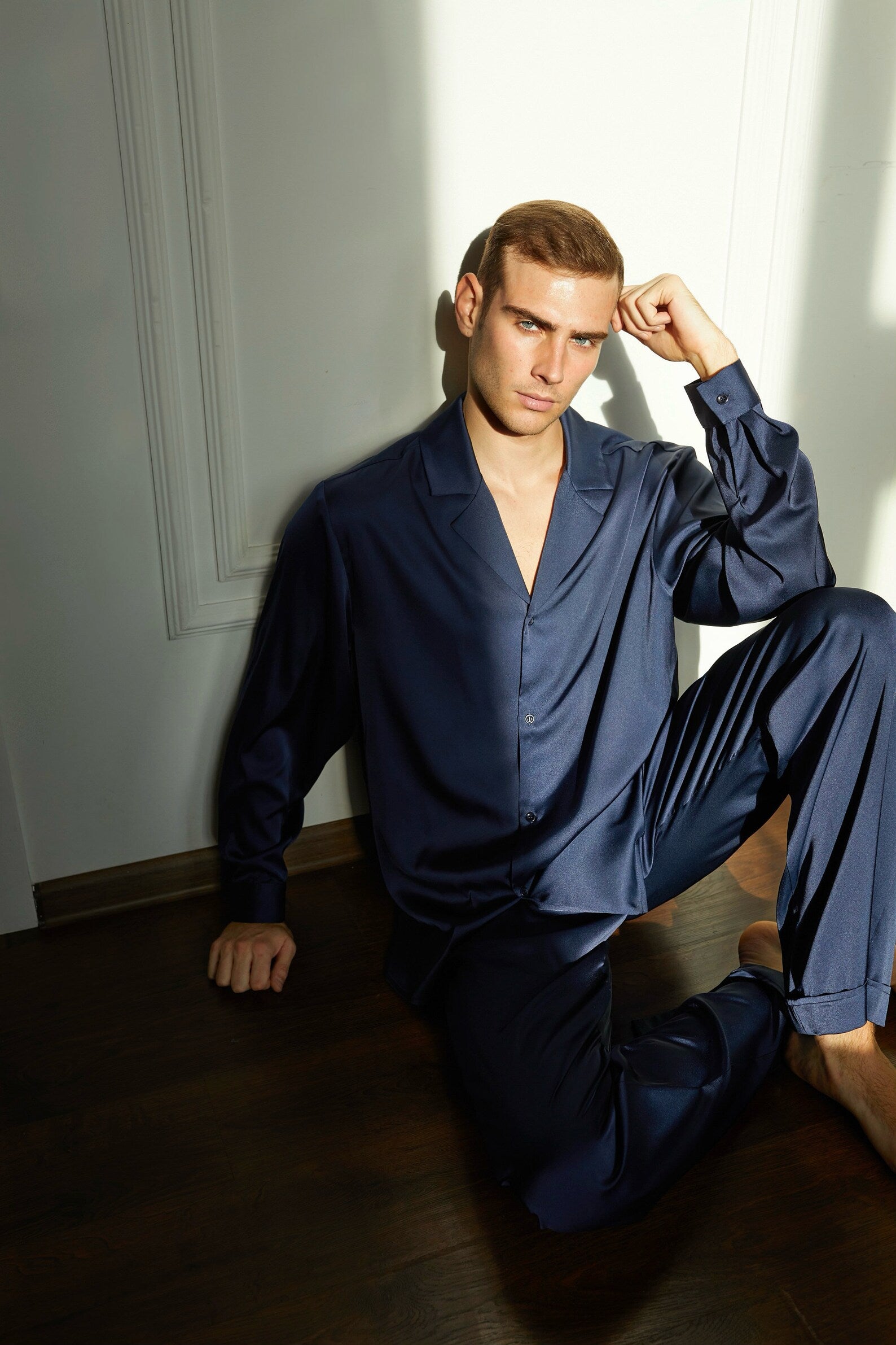 Midnight Elegance | Dark Blue Satin Loungewear Set