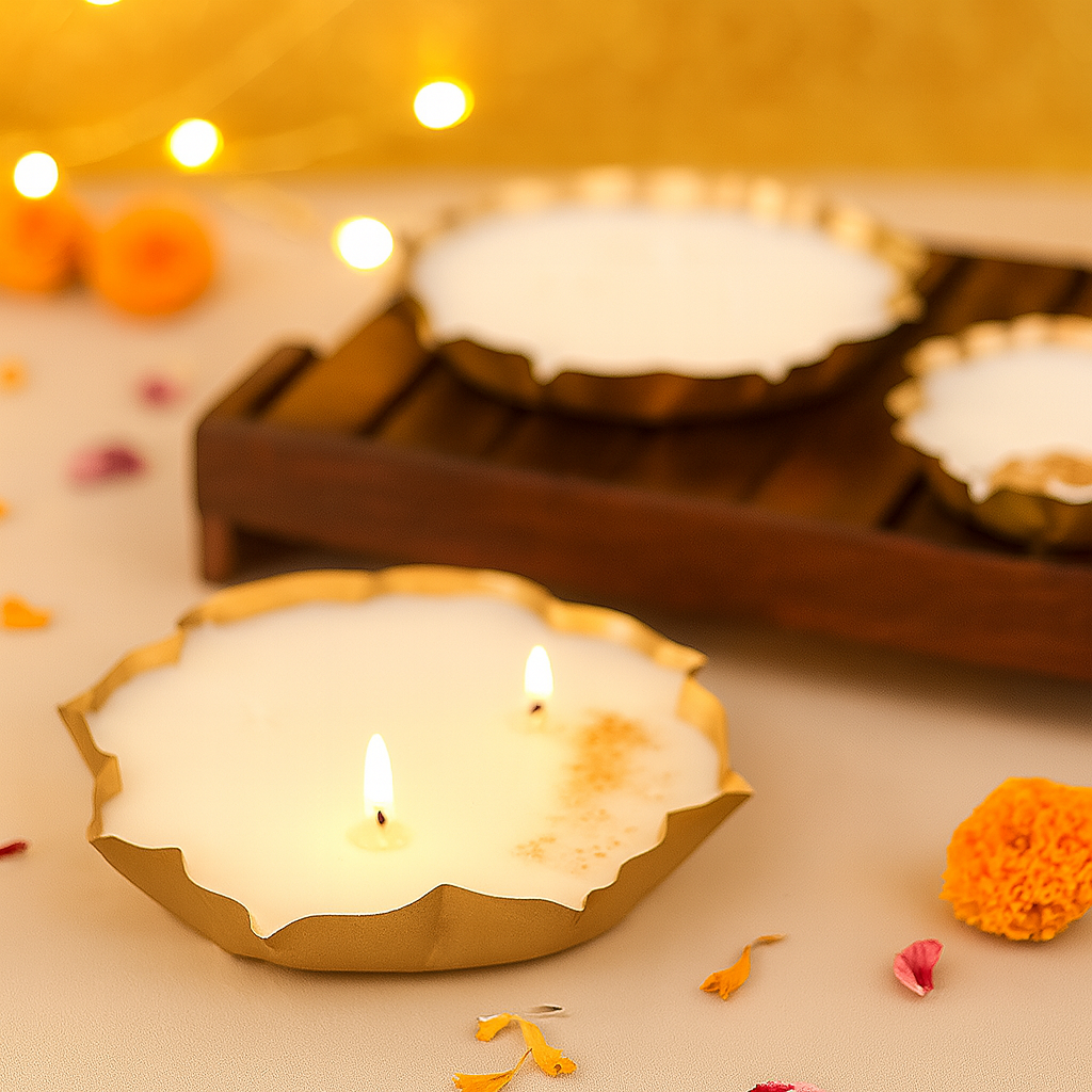 Golden Bloom | Set of 3 Festive Metal Candles for Diwali & Home Décor