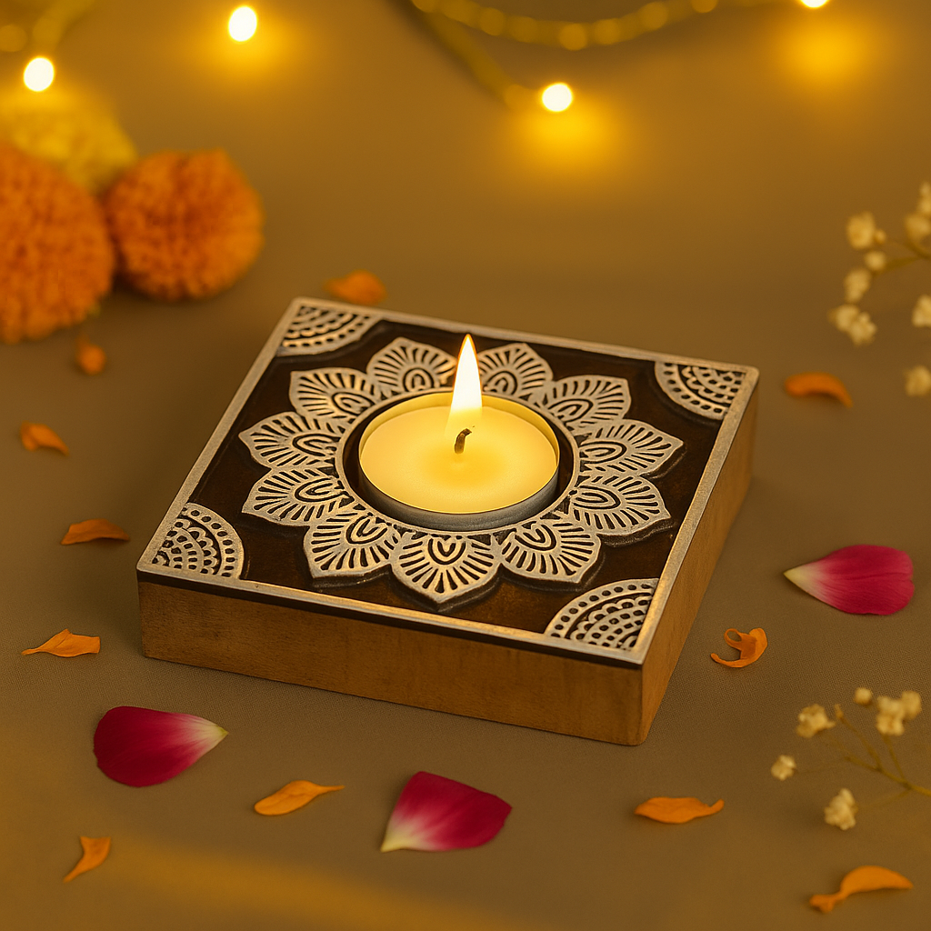 Decorative wooden candle holder with a lit candle on a warm-toned background with flowers and lights.
