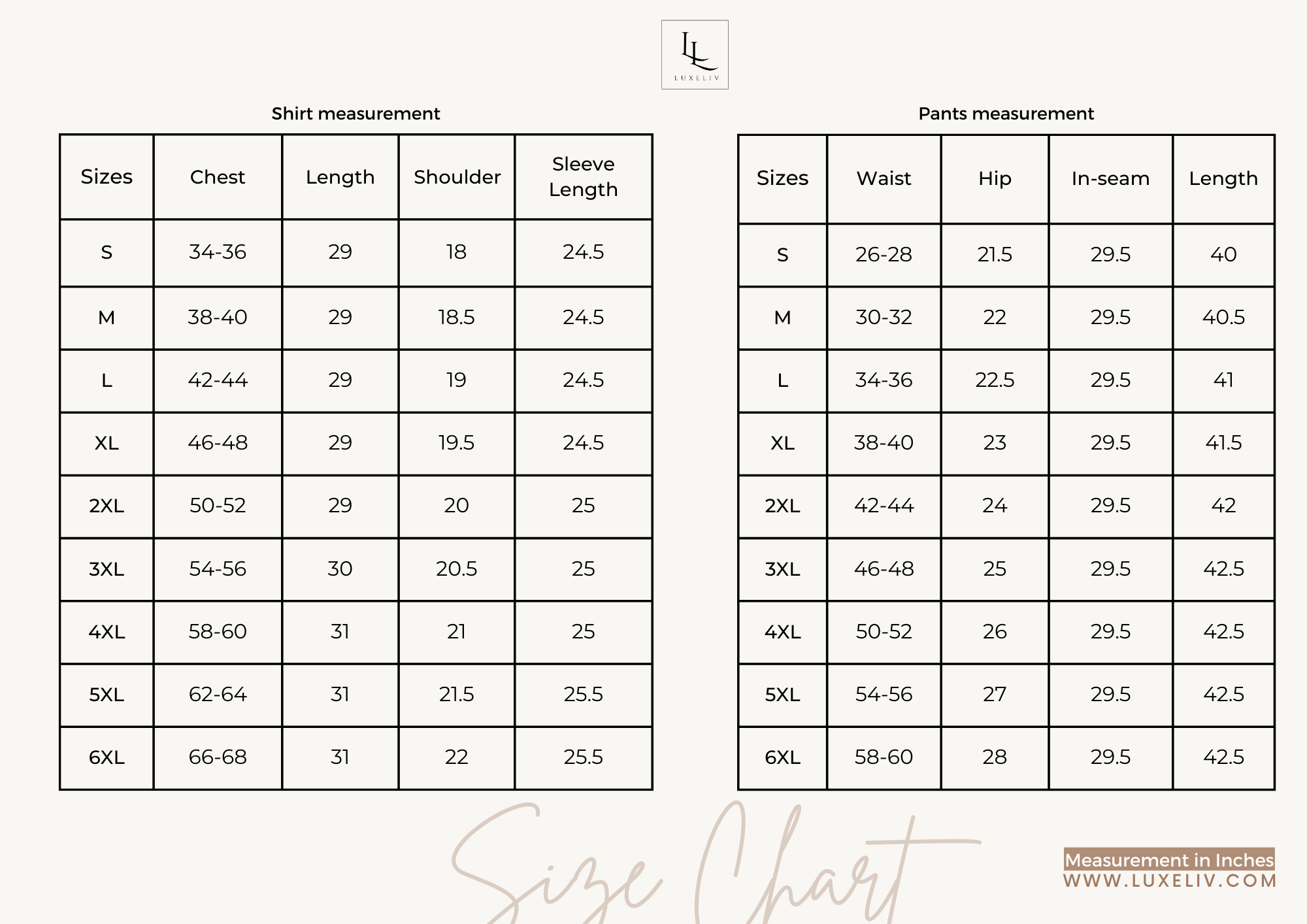 Oceanic Dream | Lounge Wear Set | 100% Cotton | Luxeliv- Size Chart