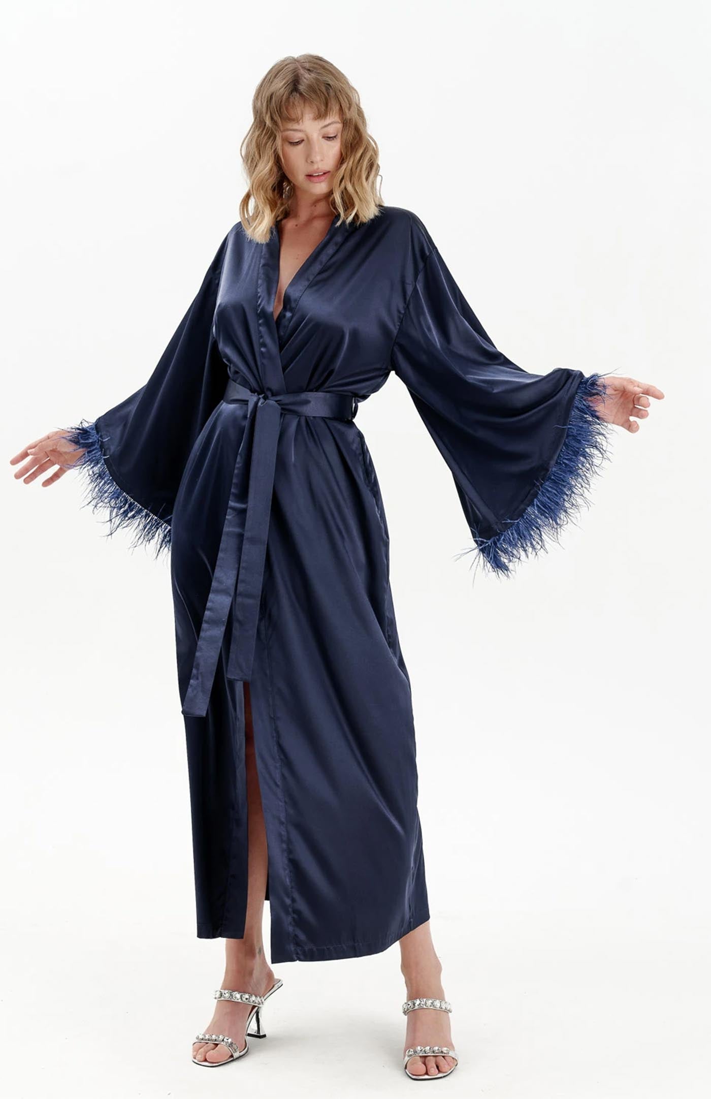 Nora | Navy Feather Robe - Wedding Collection