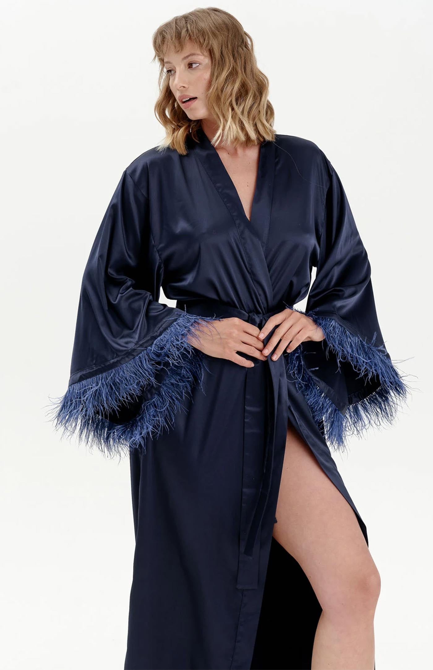 Nora | Navy Feather Robe - Wedding Collection