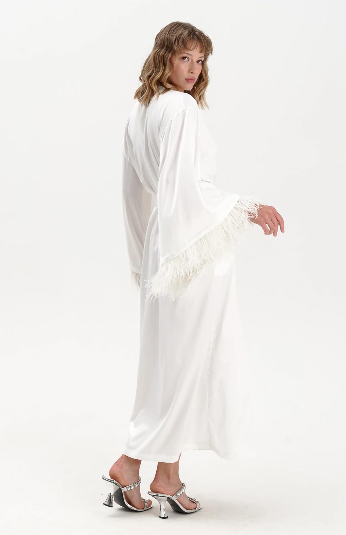 Kim | White Feather Robe - Wedding Collection