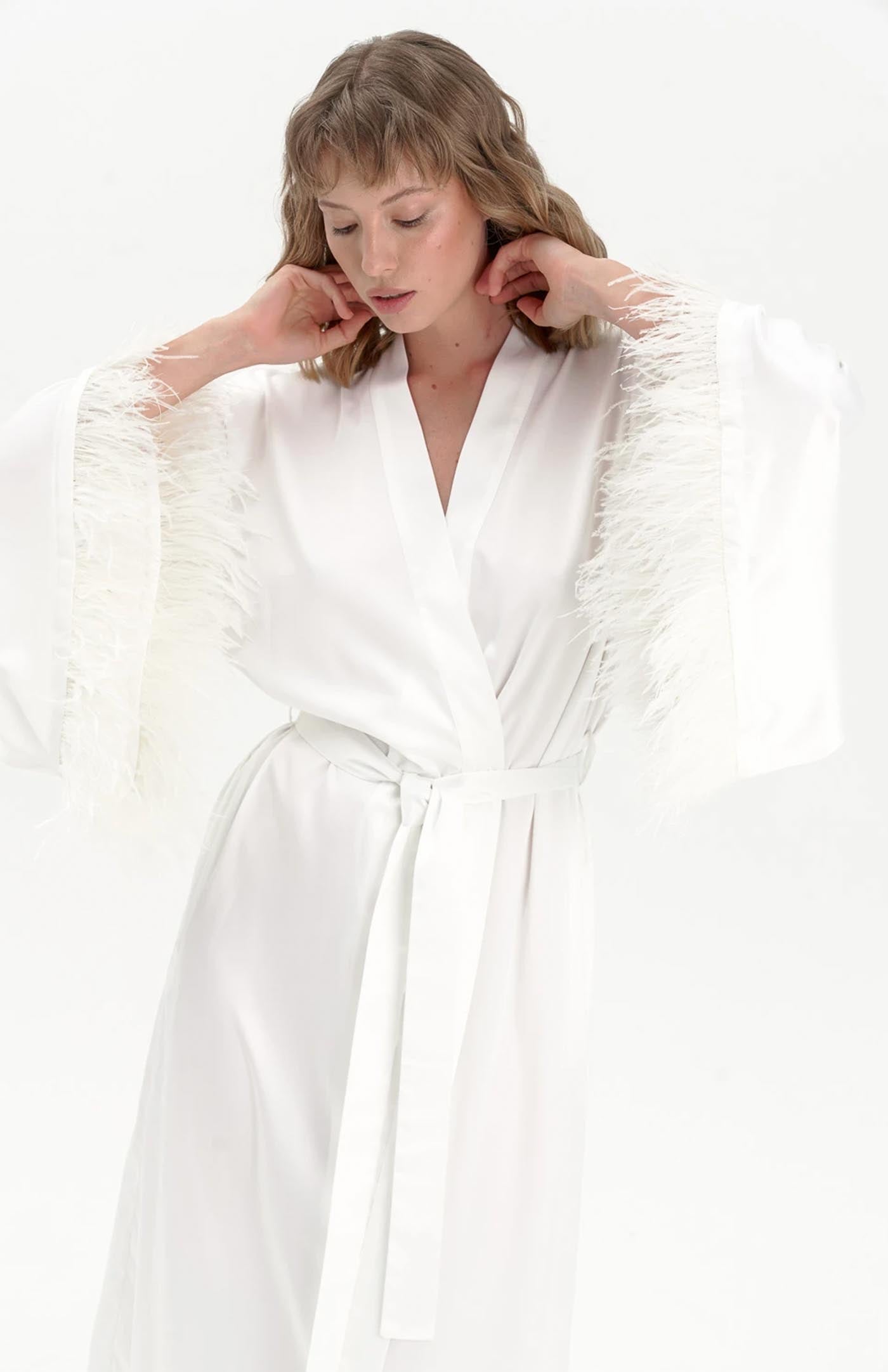Kim | White Feather Robe - Wedding Collection